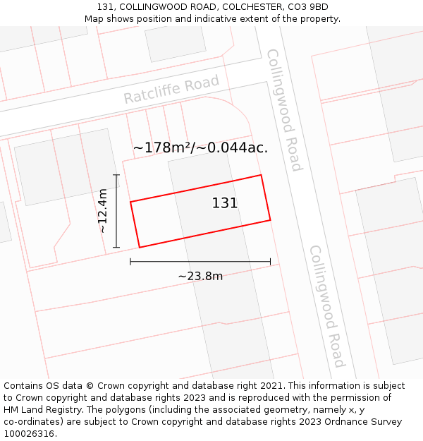 131, COLLINGWOOD ROAD, COLCHESTER, CO3 9BD: Plot and title map