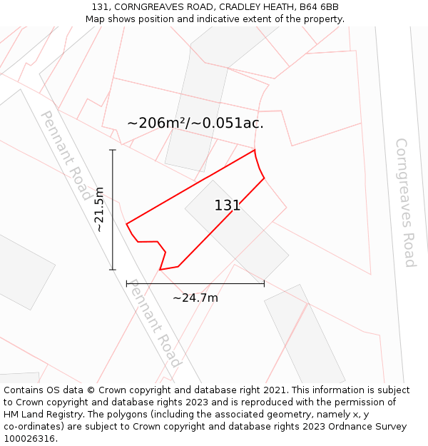 131, CORNGREAVES ROAD, CRADLEY HEATH, B64 6BB: Plot and title map