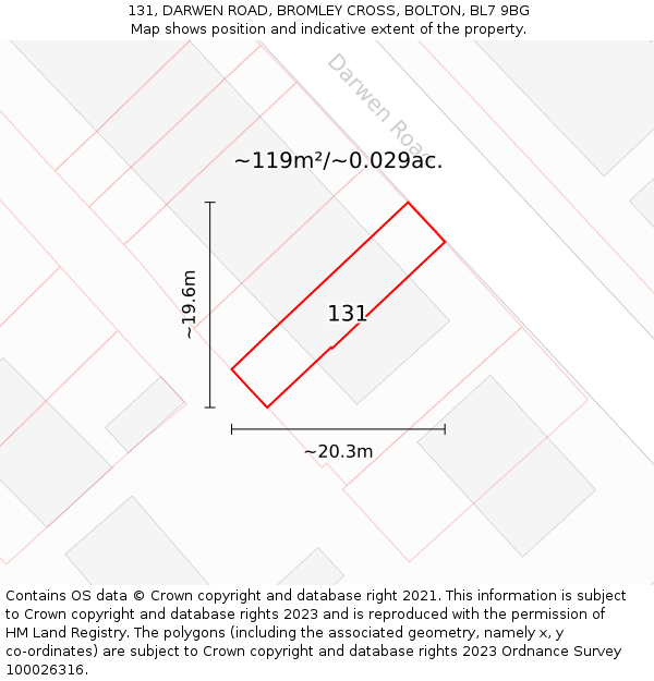 131, DARWEN ROAD, BROMLEY CROSS, BOLTON, BL7 9BG: Plot and title map