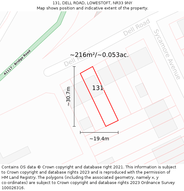 131, DELL ROAD, LOWESTOFT, NR33 9NY: Plot and title map