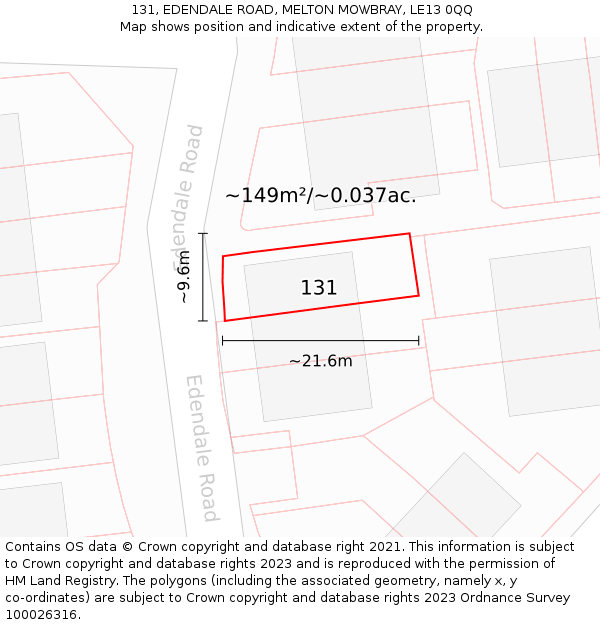 131, EDENDALE ROAD, MELTON MOWBRAY, LE13 0QQ: Plot and title map