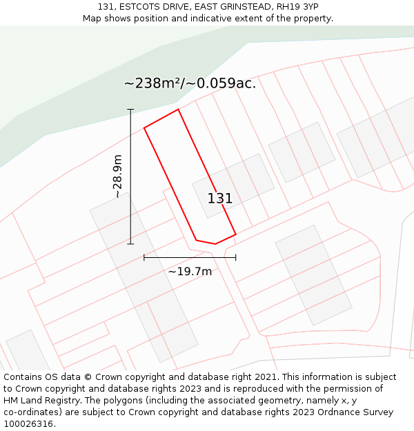 131, ESTCOTS DRIVE, EAST GRINSTEAD, RH19 3YP: Plot and title map