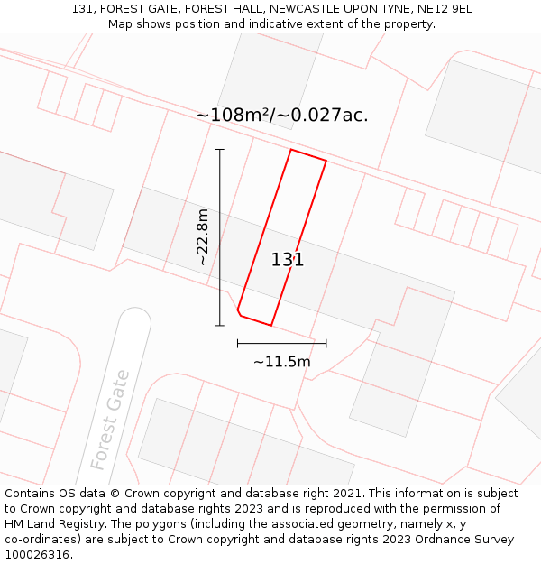 131, FOREST GATE, FOREST HALL, NEWCASTLE UPON TYNE, NE12 9EL: Plot and title map