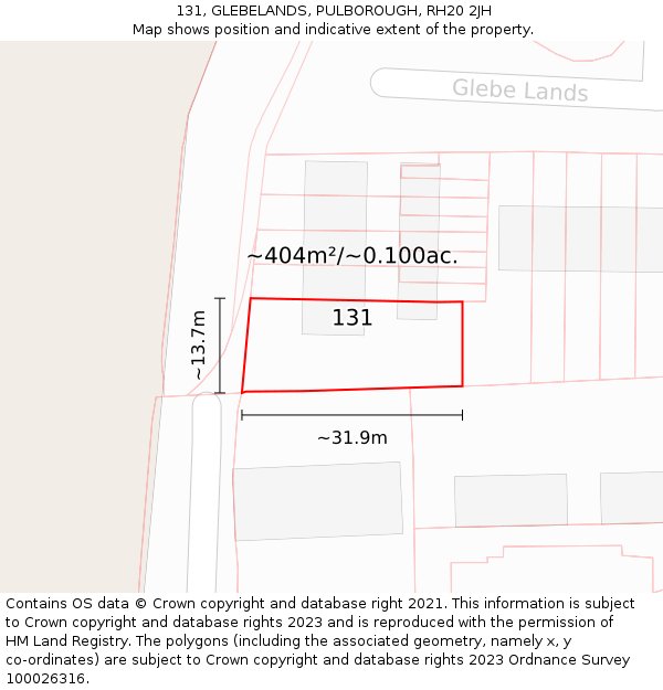 131, GLEBELANDS, PULBOROUGH, RH20 2JH: Plot and title map