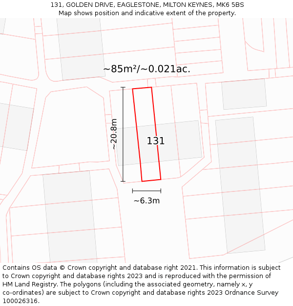 131, GOLDEN DRIVE, EAGLESTONE, MILTON KEYNES, MK6 5BS: Plot and title map