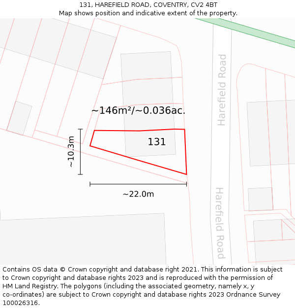 131, HAREFIELD ROAD, COVENTRY, CV2 4BT: Plot and title map