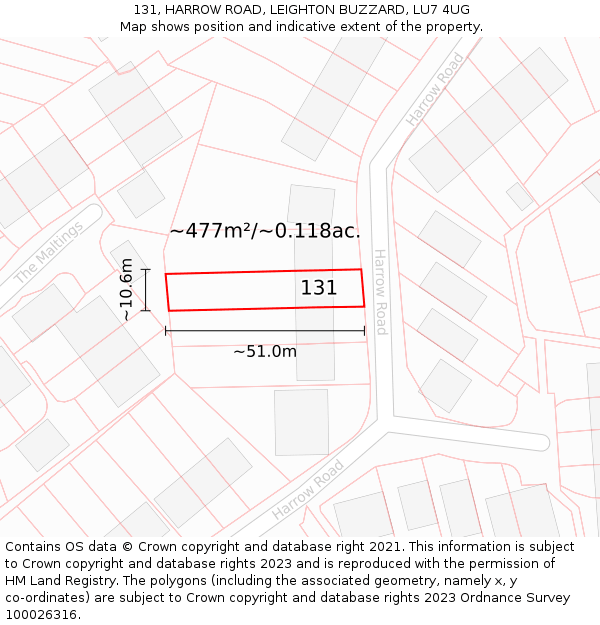 131, HARROW ROAD, LEIGHTON BUZZARD, LU7 4UG: Plot and title map
