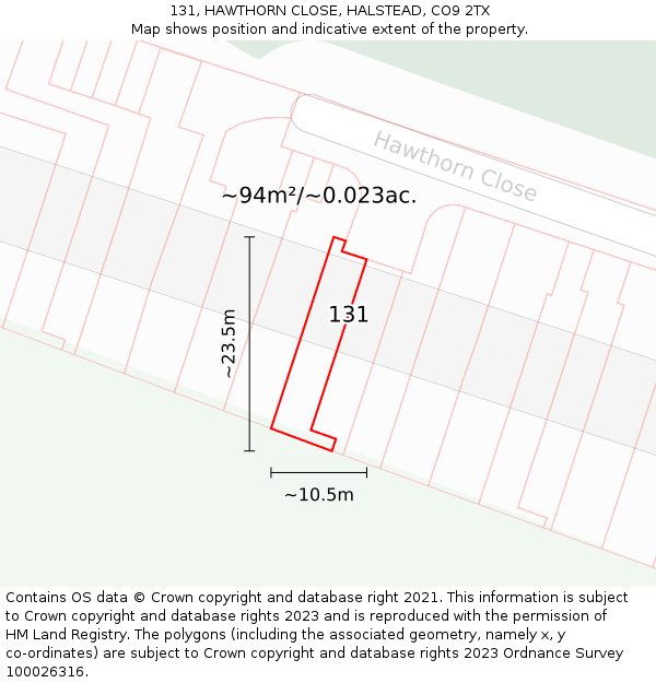 131, HAWTHORN CLOSE, HALSTEAD, CO9 2TX: Plot and title map