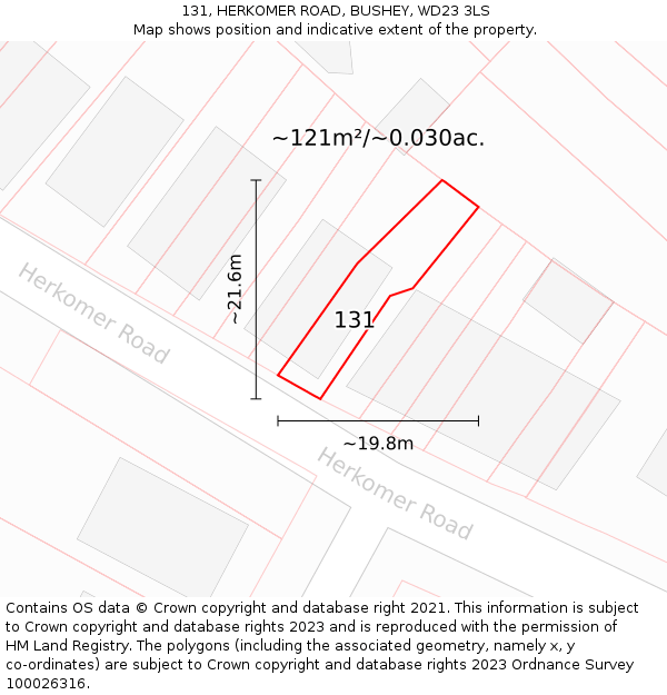 131, HERKOMER ROAD, BUSHEY, WD23 3LS: Plot and title map