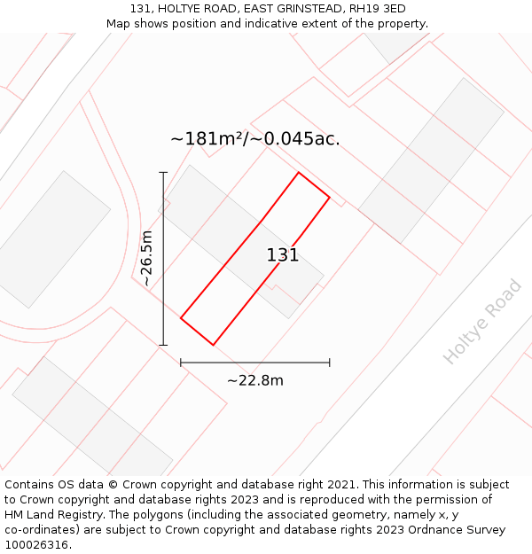 131, HOLTYE ROAD, EAST GRINSTEAD, RH19 3ED: Plot and title map
