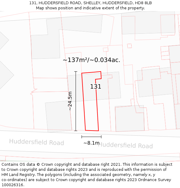 131, HUDDERSFIELD ROAD, SHELLEY, HUDDERSFIELD, HD8 8LB: Plot and title map