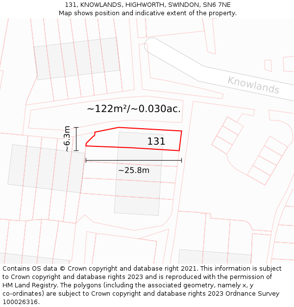 131, KNOWLANDS, HIGHWORTH, SWINDON, SN6 7NE: Plot and title map