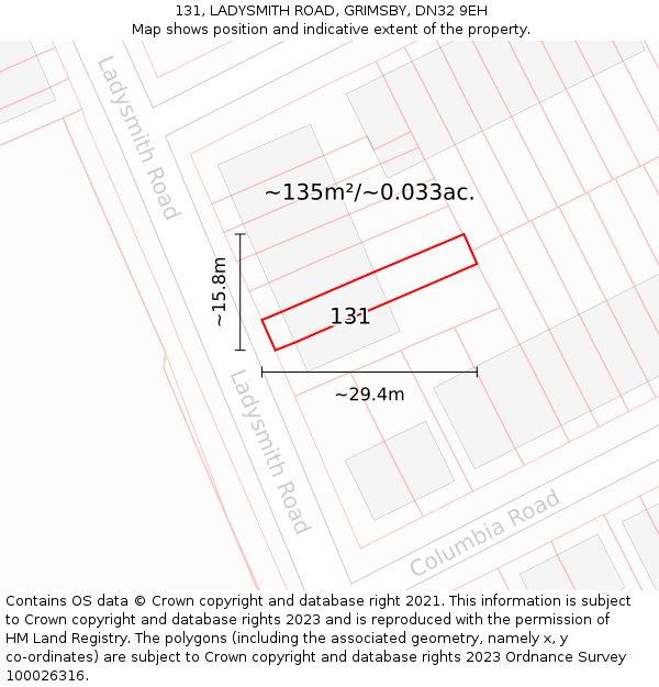 131, LADYSMITH ROAD, GRIMSBY, DN32 9EH: Plot and title map