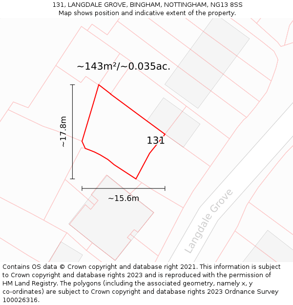 131, LANGDALE GROVE, BINGHAM, NOTTINGHAM, NG13 8SS: Plot and title map