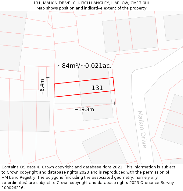 131, MALKIN DRIVE, CHURCH LANGLEY, HARLOW, CM17 9HL: Plot and title map