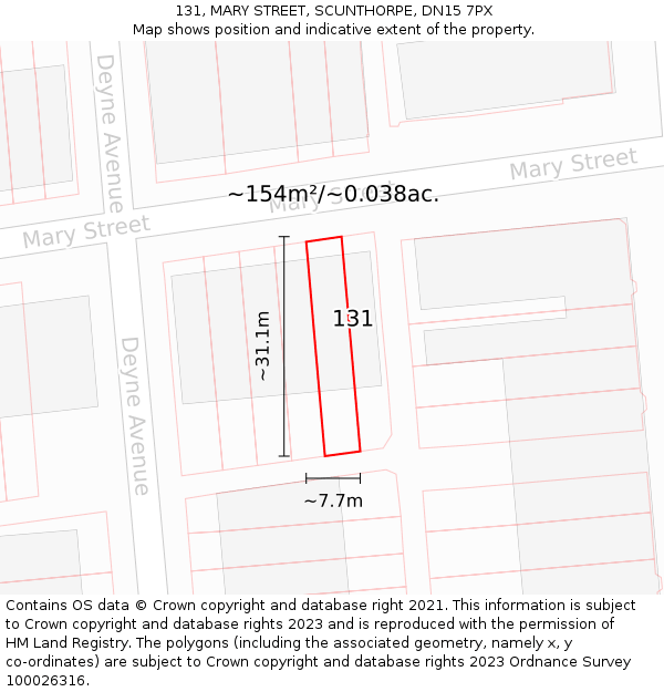 131, MARY STREET, SCUNTHORPE, DN15 7PX: Plot and title map