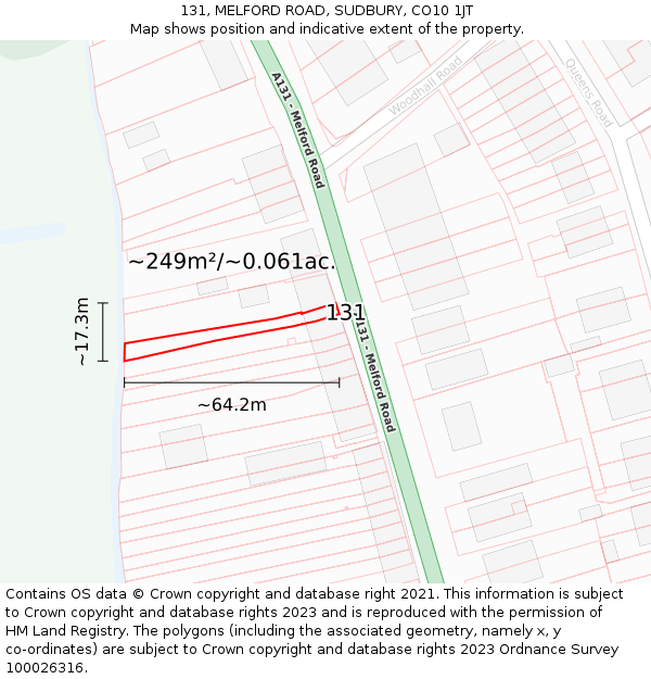 131, MELFORD ROAD, SUDBURY, CO10 1JT: Plot and title map