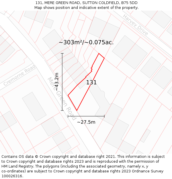 131, MERE GREEN ROAD, SUTTON COLDFIELD, B75 5DD: Plot and title map