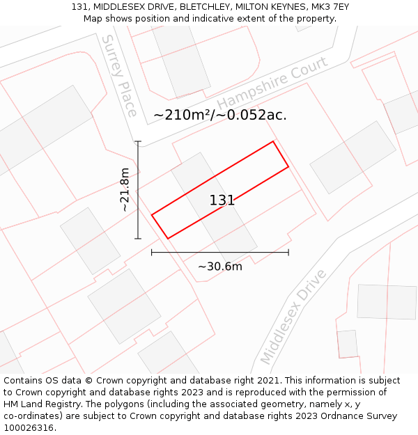 131, MIDDLESEX DRIVE, BLETCHLEY, MILTON KEYNES, MK3 7EY: Plot and title map