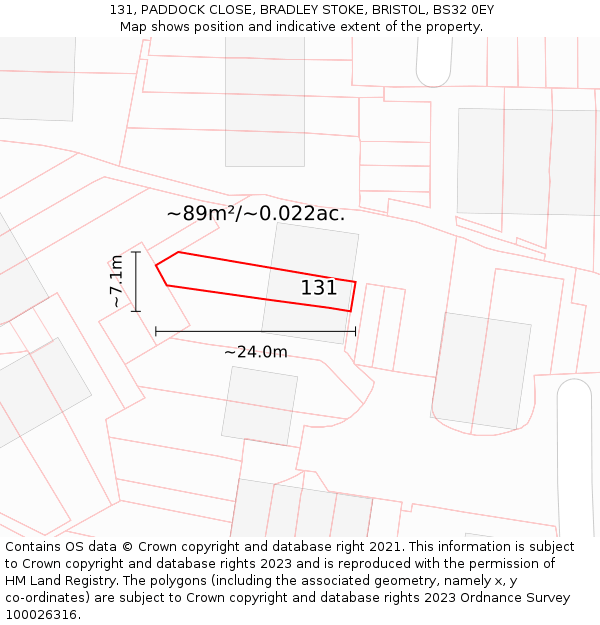 131, PADDOCK CLOSE, BRADLEY STOKE, BRISTOL, BS32 0EY: Plot and title map