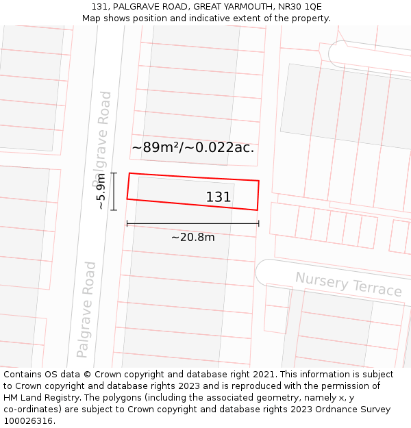 131, PALGRAVE ROAD, GREAT YARMOUTH, NR30 1QE: Plot and title map