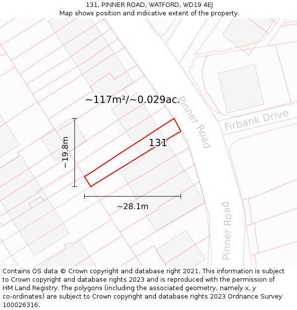 131, PINNER ROAD, WATFORD, WD19 4EJ: Plot and title map