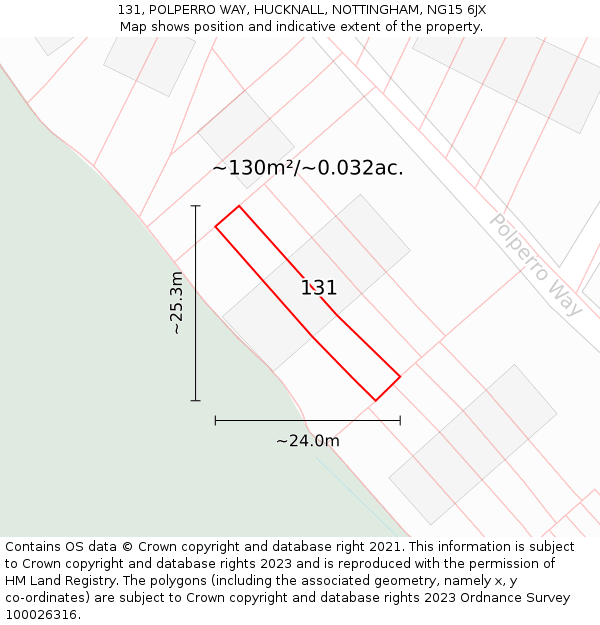 131, POLPERRO WAY, HUCKNALL, NOTTINGHAM, NG15 6JX: Plot and title map