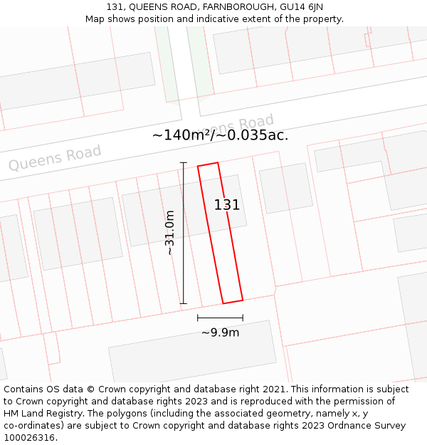 131, QUEENS ROAD, FARNBOROUGH, GU14 6JN: Plot and title map