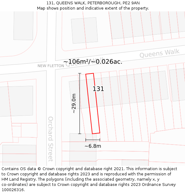 131, QUEENS WALK, PETERBOROUGH, PE2 9AN: Plot and title map