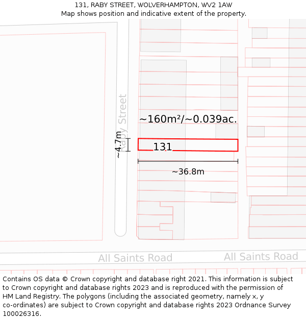 131, RABY STREET, WOLVERHAMPTON, WV2 1AW: Plot and title map