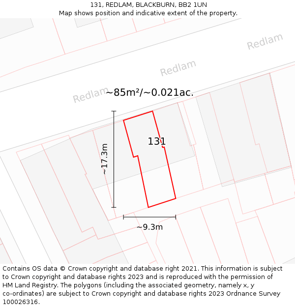 131, REDLAM, BLACKBURN, BB2 1UN: Plot and title map