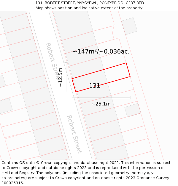 131, ROBERT STREET, YNYSYBWL, PONTYPRIDD, CF37 3EB: Plot and title map