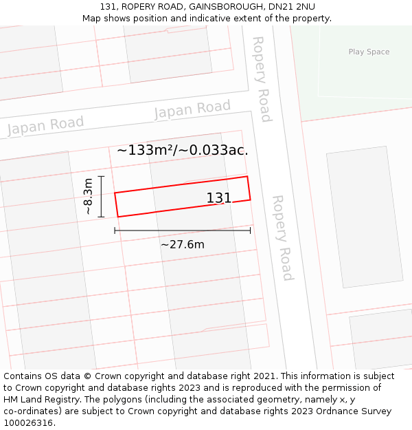 131, ROPERY ROAD, GAINSBOROUGH, DN21 2NU: Plot and title map