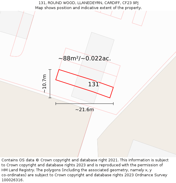 131, ROUND WOOD, LLANEDEYRN, CARDIFF, CF23 9PJ: Plot and title map