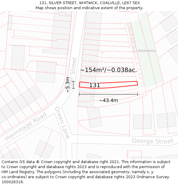 131, SILVER STREET, WHITWICK, COALVILLE, LE67 5EX: Plot and title map