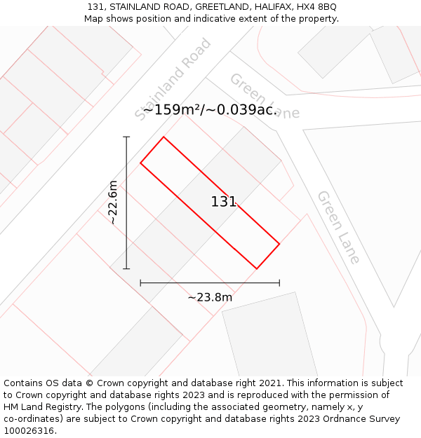 131, STAINLAND ROAD, GREETLAND, HALIFAX, HX4 8BQ: Plot and title map