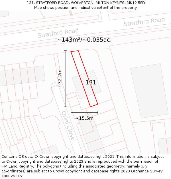 131, STRATFORD ROAD, WOLVERTON, MILTON KEYNES, MK12 5FD: Plot and title map