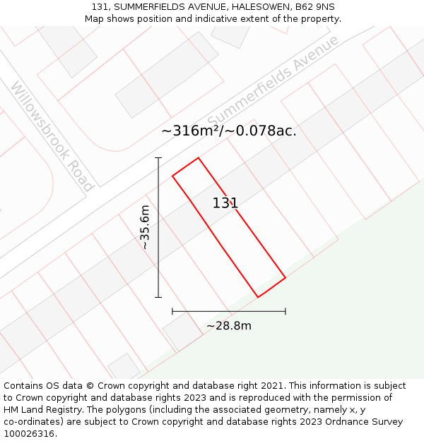 131, SUMMERFIELDS AVENUE, HALESOWEN, B62 9NS: Plot and title map