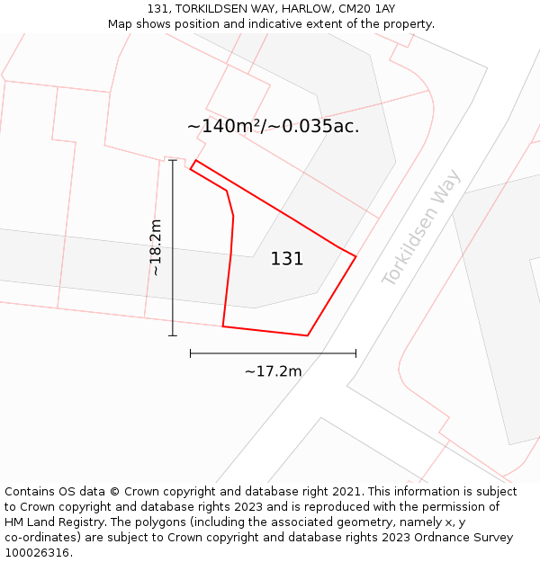 131, TORKILDSEN WAY, HARLOW, CM20 1AY: Plot and title map