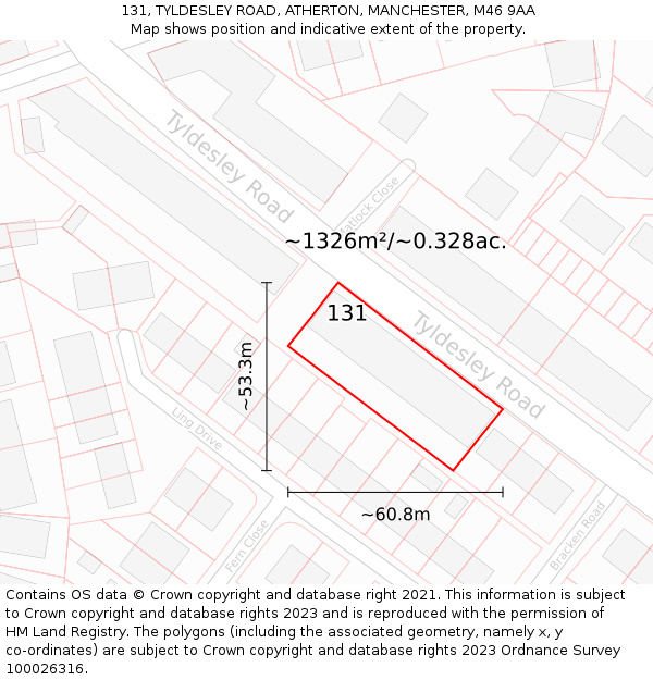 131, TYLDESLEY ROAD, ATHERTON, MANCHESTER, M46 9AA: Plot and title map