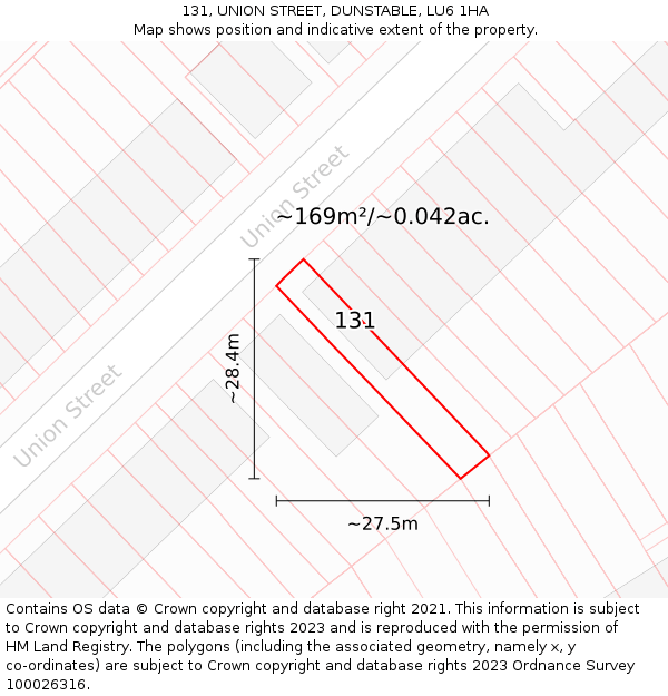 131, UNION STREET, DUNSTABLE, LU6 1HA: Plot and title map