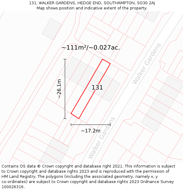 131, WALKER GARDENS, HEDGE END, SOUTHAMPTON, SO30 2AJ: Plot and title map