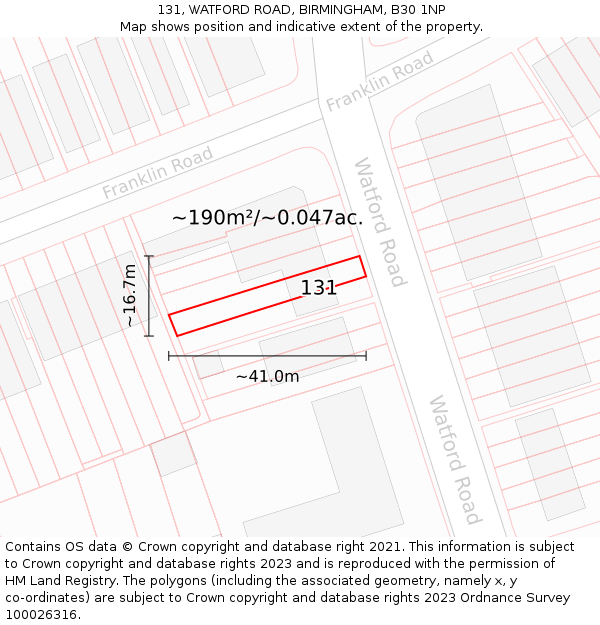 131, WATFORD ROAD, BIRMINGHAM, B30 1NP: Plot and title map
