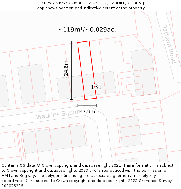 131, WATKINS SQUARE, LLANISHEN, CARDIFF, CF14 5FJ: Plot and title map
