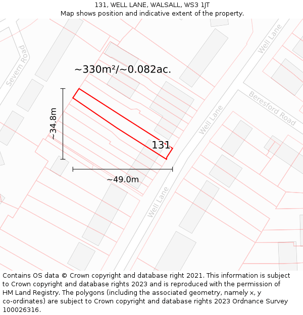 131, WELL LANE, WALSALL, WS3 1JT: Plot and title map
