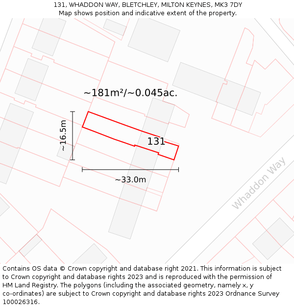 131, WHADDON WAY, BLETCHLEY, MILTON KEYNES, MK3 7DY: Plot and title map