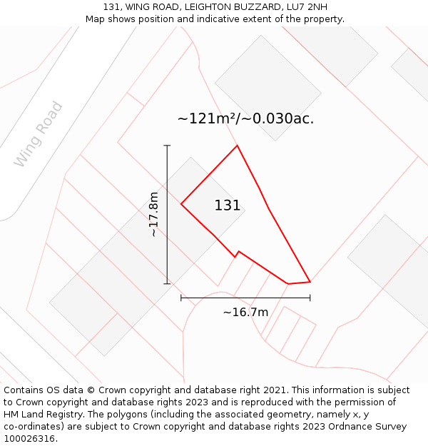 131, WING ROAD, LEIGHTON BUZZARD, LU7 2NH: Plot and title map