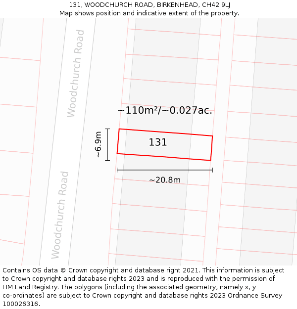 131, WOODCHURCH ROAD, BIRKENHEAD, CH42 9LJ: Plot and title map