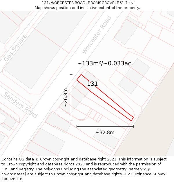 131, WORCESTER ROAD, BROMSGROVE, B61 7HN: Plot and title map