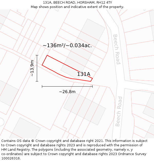 131A, BEECH ROAD, HORSHAM, RH12 4TY: Plot and title map